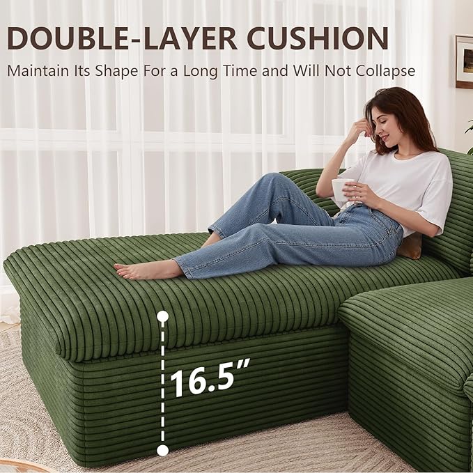 136" Cloud Modular Sectional Sofa with 1 Ottoman, Modern Upholstered Corduroy Couches, Comfort U Shaped Sofa for Living Room, Deep Seat Boneless Couch, No Assembly Required(Green,Left Facing Chaise)