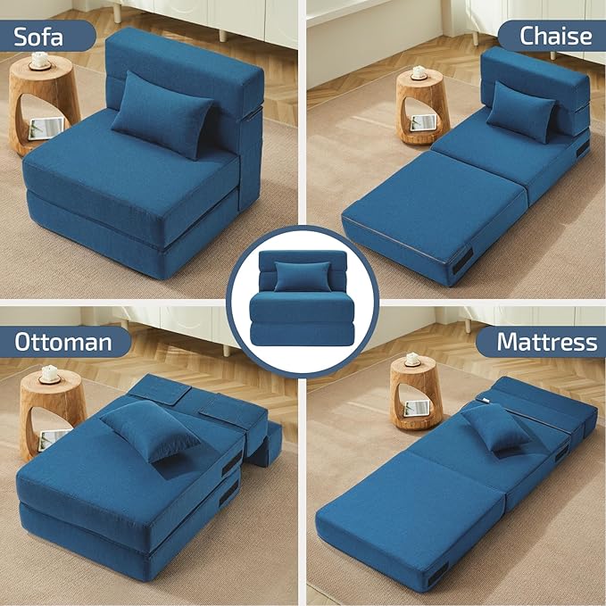 Folding Sofa Bed with Pillow- Convertible Chair Floor Couch & Sleeping Mattress, Foldable Memory Foam Sleeper for Living Room/Dorm/Guest Room/Home Office/Apartment/Loft, Single26, Indigo
