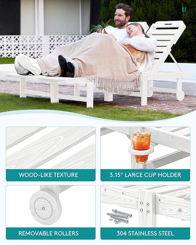 SERWALL Patio Chaise Lounge Chair Set of 2, HDPE Outdoor Lounge Chair with Cup Holder, 5 Positions Adjustable Pool Lounger with Rolling Wheels for Poolside, Deck, Sunbathing, White