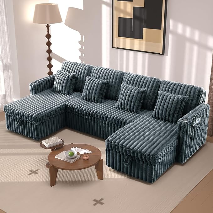 107" Sectional Sleeper Sofa with Pull Out Bed, Comfy Fluffy Plush Corduroy Cloud Sectional Couches for Living Room, U Shaped Modular Couch with Storage Chaise Cup Holder & USB Charger Dark Grey