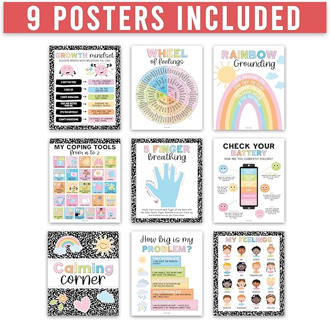 Hadley Designs 9 Calming Corner Posters For Classroom Must Haves For Teachers - 11x14 Calm Down Corner Supplies, Feelings Chart For Kids Ages 4-8, Feelings Wheel Poster, Pastel Classroom Decor