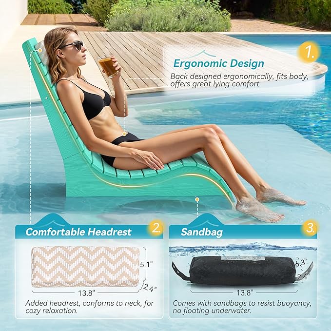Homenjoy HDPS Pool Lounge Chairs Set of 2, Use in Pools Lounge Chairs up to 10-Inches of Water, Chaise Chairs with Headrest, Lounge Chair Outdoor, Fade-Resistant Pool Lounger for Deck