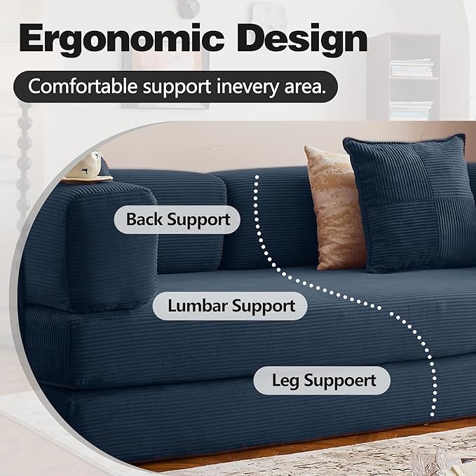 LIAROO 78.8" Convertible Sofa Bed -Compression Sofa with Corduroy Fabric - with Armrests and Backrest - Modular Sectional for Living Room, Bedroom, Studio - Compression Sofa in Box (Dark Blue)
