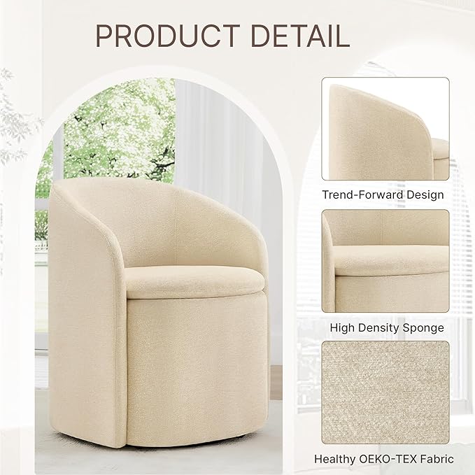 Upholstered Dining Chairs with Casters, Rolling Modern Dining Room Chairs with Hidden Storage & Barrel Backrest, Easy Assembly Accent Chair for Bedroom, Living Room, Dressing, Sand Fabric,1PCS