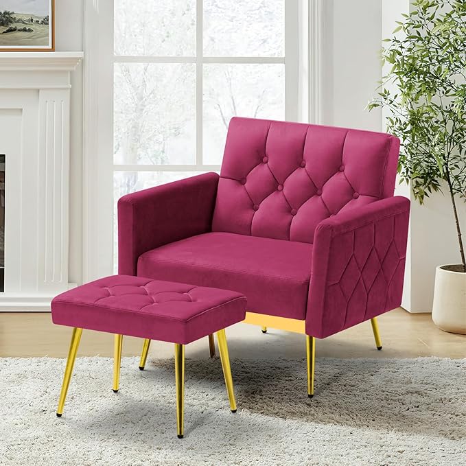 ACMEASE Velvet Accent Chair w/Adjustable Armrests and Backrests, Tufted Single Sofa with Ottoman, Upholstered Reading Chiar for Living Room, Apartment, Bedroom, Fuchsia