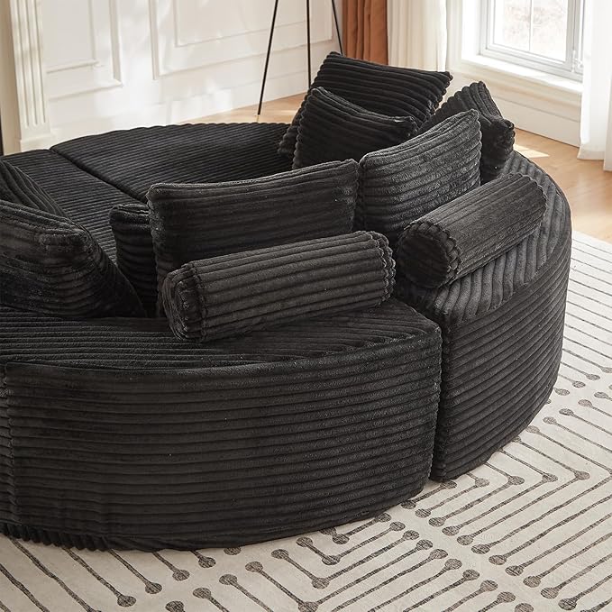 78-inch Oversized Round Chaise Lounge Chair Indoor, Convertible Folding Sofa Bed w/ 10 Pillows, Fluffy Corduroy Boneless Compressed Memory Foam Couch for Living Room, Bedroom (Black, Left & Right)