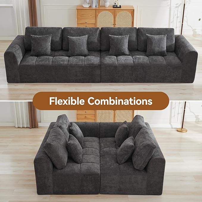 140''Modular Sectional Couches for Living Room, Cloud Boneless Compressed Sectional Sofa, Oversized 4 Seater Upholstered Memory Foam Sofa, No Assembly, Chenille Grey