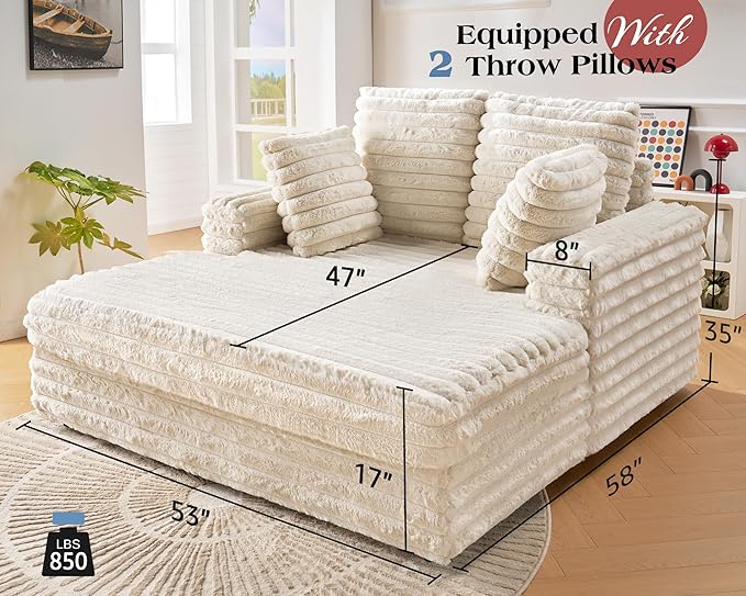 Jocisland 58-Inch Chaise Lounge, Complete with Cozy Throw Pillows, Upholstered Sofa Bed with Armrests, Plush Sleeper Bed for Living Room, Off-White