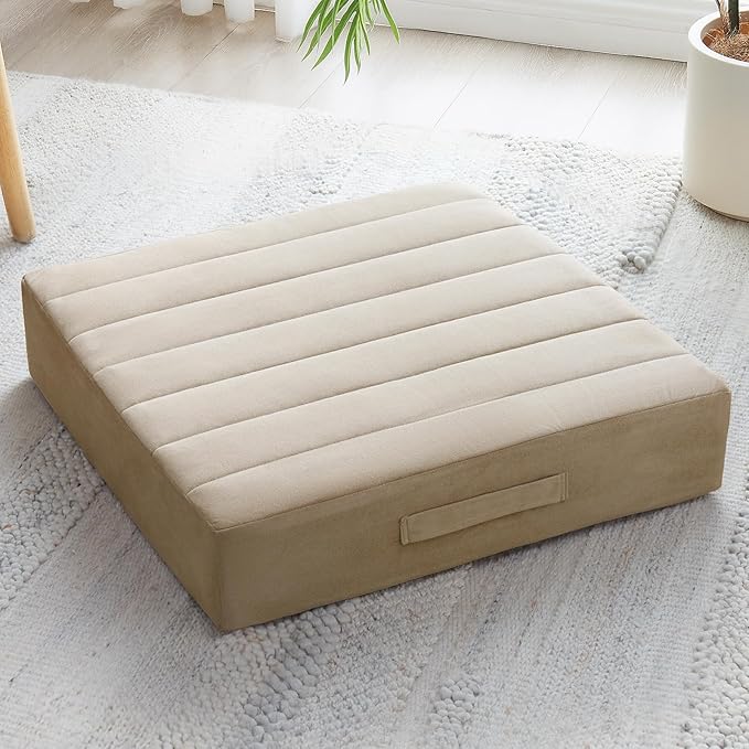 JKMAX 22 inches Floor Pillow for Adults - Large Meditation Cushion with Thick Foam & Soft Tufted Cover - Premium Outdoor Square Floor Cushion Seat - Yoga Pillows for Sitting On Floor - Khaki
