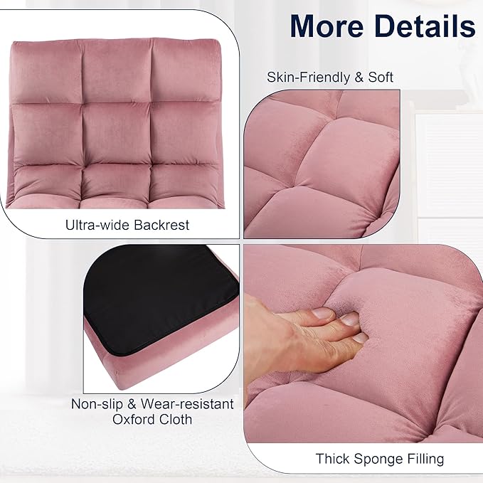 HOMYEDAMIC Floor Chair, 24 inches Wide Oversized Velvet Armless Lay Flat Floor seat Padded Meditation Chair with 6 Adjustable Position Ergonomic Comfortable Convenient(LRSF-008-PINK)