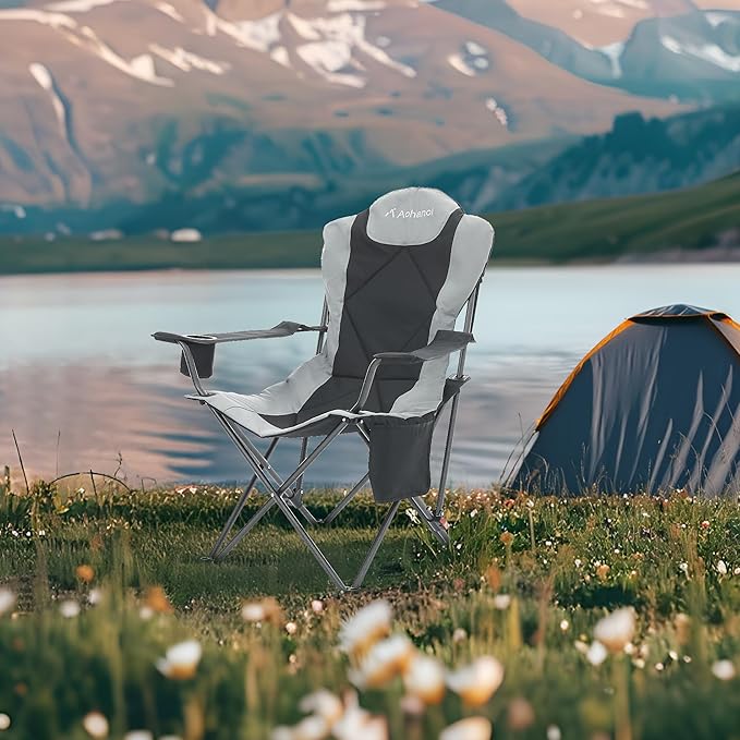 Aohanoi Camping Chairs, Portable Camp Chairs for Heavy People with Adjustable Angled Backrest, Outdoor Folding Camping Chairs for Outside Supports up to 350lbs, Carry Bag Included