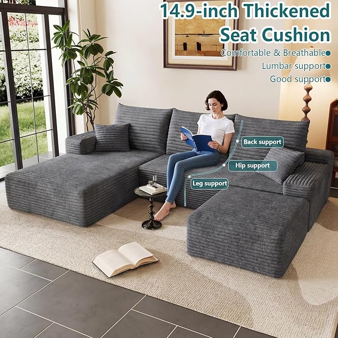 95" U-Shape Cloud Couch, Modern Modular Sectional L-Shape Sofa with Ottoman, Corduroy Upholstered Couches Deep Seat Sleeper Chaise Longue for Living Room, No Assembly Required(Dark Gray, Left Facing)