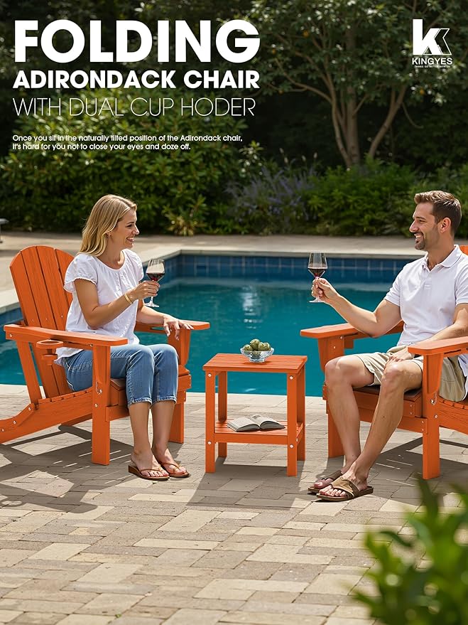 KINGYES Folding Adirondack Chair Set of 2, Dual Cup Holders & All-Weather HDPE, Wood-Like Patio Chair for Backyard, Camping, Pool & Fire Pit, Orange