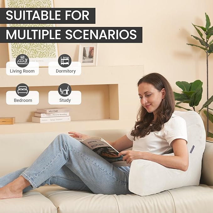 Unisakey Portable Comfy Reading Pillows for Bed Sitting Up(Beige Oeko-Tex), Velvet Back Pillow with Arms & Pockets for Adults, Support Memory Foam Bed Pillow for Dorm/Reading/Watching/Gaming