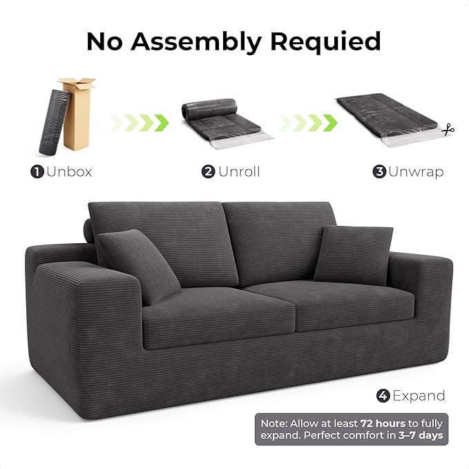 LIKIMIO 78" Loveseat Sofa in a Box, Cloud Boneless Couch with Comfy Deep Seat, No Assembly Required, Modern Upholstered Corduroy Sofa for Living Room, Apartment, Home Office, Dark Grey