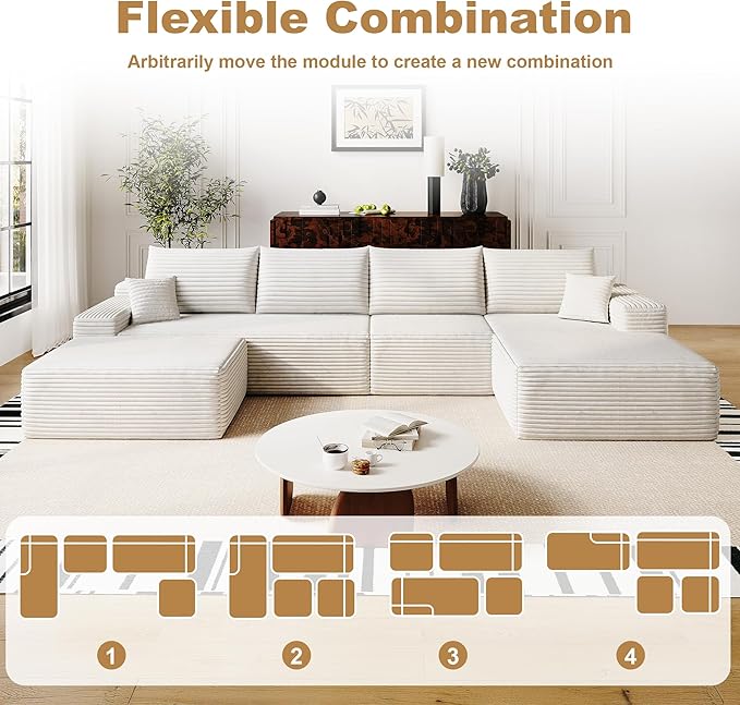 AUGOP 136" Sectional Couches for Living Room Modern Modular Sofa with L-Shape Couchs Upholstered Boneless Couch Deep Seat Sectional Couch with Chaise (White, Right Facing Chaise+3Seaters+Ottoman)
