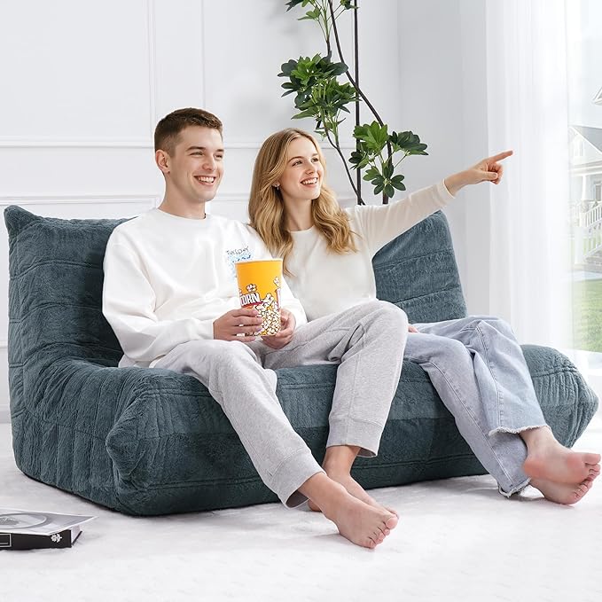 Bean Bag Loveseat Chair Big Sofa Beanbag Chair for Adults Fireside Chair Bean Bag Lounger with Memory Foam Filled for Home,Apartment or Gaming Venue（Grey Plush）