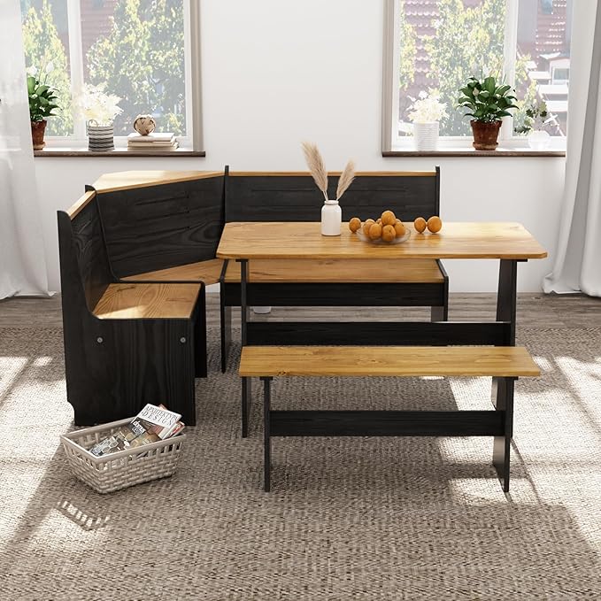 Breakfast Nook Table Set – L-Shaped Corner Dining Bench Set, Kitchen Nook Booth Dining Table, Space-Saving Banquette Seating for Apartment or Dining Room, Modern Black Wood Corner Table Set
