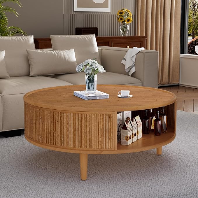 Round Coffee Table - Bamboo Woven Tabletop & Anti-Skid Solid Wood Legs 30.5" Rustic Center Tables with with Ample Storage Space for Living Room Apartment (Round 30.5in)