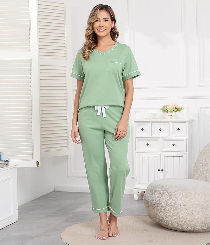 CF Women's 100% Cotton Pajama Sets Soft Short Sleeve Tops & Pants Comfy Sleepwear 2 Piece Lounge set with Pockets Loungewear