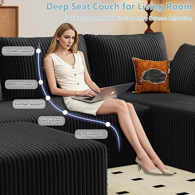 96" W Cloud Sectional Couch with Ottoman,Modern U-Shaped Cloud Couch with Deep Seat,Comfy Corduroy 3-Seater Sofa,Memory Foam Sofa for Living Room,No Assembly (Black,Right-Facing Chaise)
