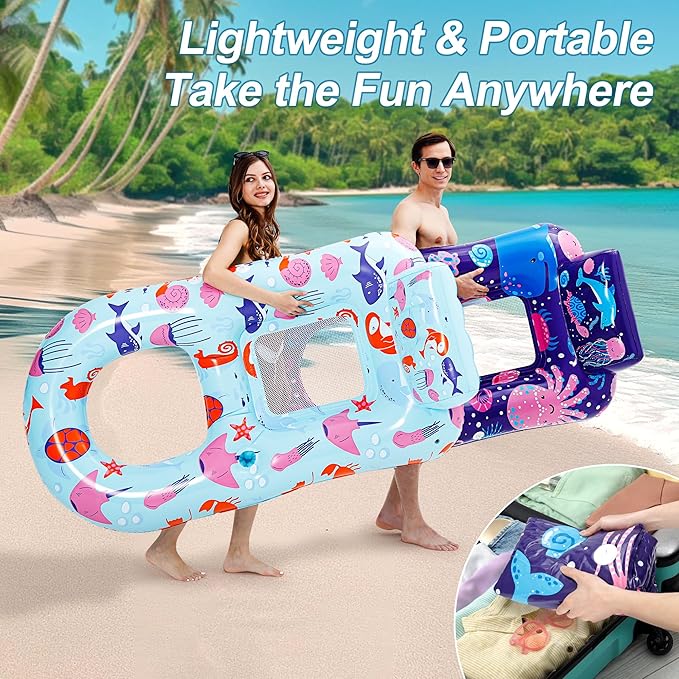 PuppyuWill 2 Pack Pool Floats Adult,Inflatable Pool Lounger Float Heavy Duty with Cup Holder, Backrest & Footrest Pool Lounge Float Extra Large Pool Rafts for Adults Beach Lake Party