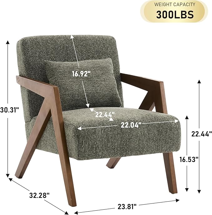 Mid-Century Modern Accent Chair Set of 2 with Solid Wood Frame，Upholstered Chenille Living Room Arm Chairs with Pillow for Bedroom, Living Room, Reading Room, Balcony, Green