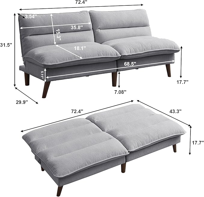 Convertible Futon Sofa Bed, 72" Futon Couch with Adjustable Back, Upholstered Sleeper Sofa Bed for Living Room, Apartment, Small Space, Light Grey