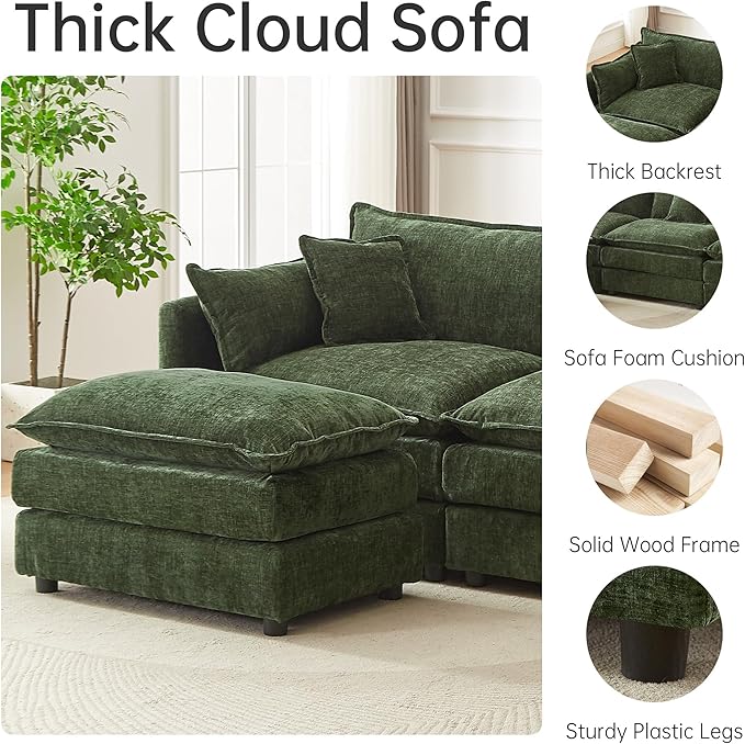 saows Modular Sectional Sofa, 147.2 Inch U Shaped Couch Set with Armrests, 4-Seater Comfy Cloud Couches with Movable Ottoman for Living Room Apartment, Green