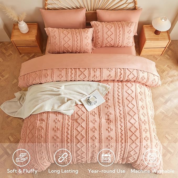 MR&HM Full Size Bed Sheets and Comforter Set Coral Pink, 7 Pieces Tufted Boho Beddding Sets, Farmhouse Style Bed in a Bag with 1 Comforter, 2 Pillow Shams, 2 Pillowcases, 1 Flat Sheet, 1 Fitted Sheet