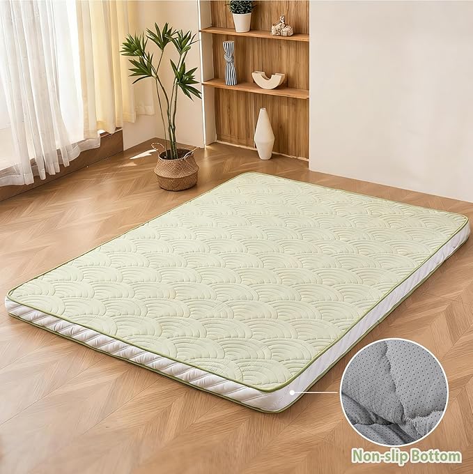 Zelladorra Japanese Floor Mattress, Quilted Futon Mattress with Anti-Slip Bottom, Foldable Floor Bed with Storage Bag and Straps, (Green, Twin)