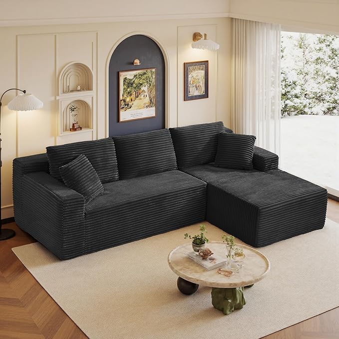 105" Sectional Couches for Living Room Cloud Couch Sofa with L-Shape Upholstered Boneless Couchs Modern Modular Sectional Couch with Chaise (Black, 105" W+Right Facing Chaise+2Seaters)