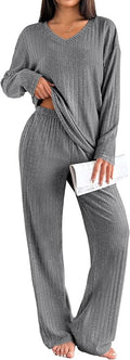 Ekouaer Lounge Sets for Women Long Sleeve Knit Ribbed Pajama Sets 2 Piece Casual Loungewear with Pockets