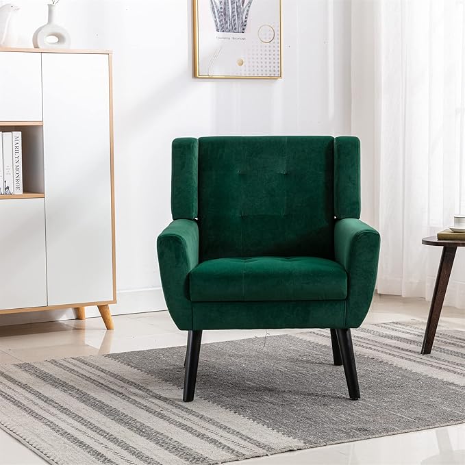 OO BY ORANGE ONLINE Velvet Accent Chair, Mid-Century Modern Tufted Armchair for Living Room, Bedroom & Office (Hunter Green)