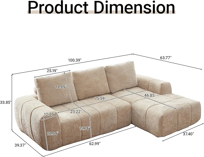 KEIKI Sectional Chenille Floor Sofa, Convertible L-Shaped Boneless Cloud Sleeper Couch with Chaise Lounge, Space Saving Modular Futon Couches Bed for Living Room Bedroom, No Assembly Required, Khaki