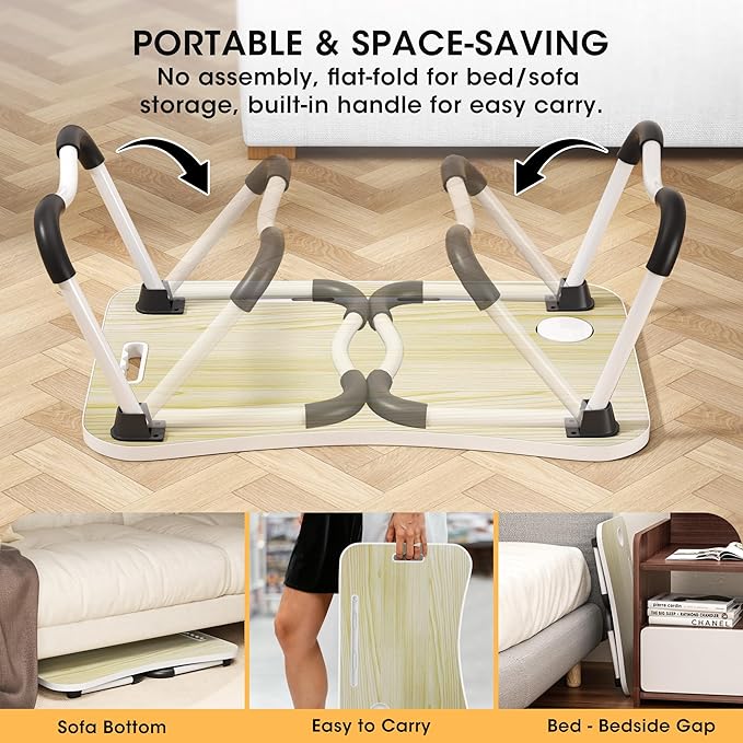 Folding Lap Desk, 23.6 Inch Wood Laptop Bed Desk with Cup Holder, Portable Bed Table for Working Writing Reading & Eating for Bed, Sofa, Couch, Floor - White