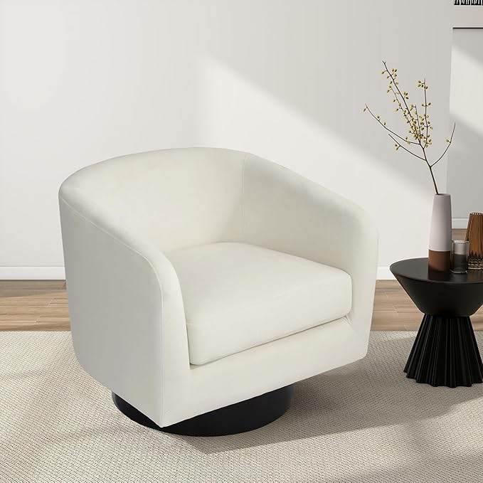 Swivel Barrel Chair, Modern Round PU Leather Accent Armchair for Living Room, Bedroom, Oversized Comfy Club Reading Chairs for Adults (Velvet Ivory, Set of 2)