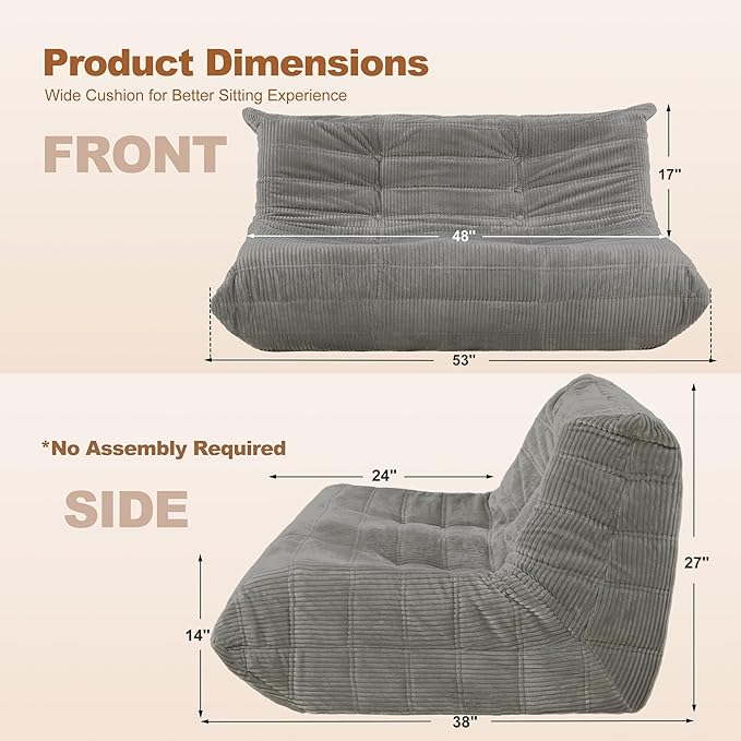 Bean Bag Chair,Giant Beanbag Chairs for Adults,Comfy Large Fireside Chair Lazy Sofa,Corduroy Bean Bag Lounger with Memory Foam Filled,Floor Sofa Couch for Living Room (Light Grey, Loveseat)