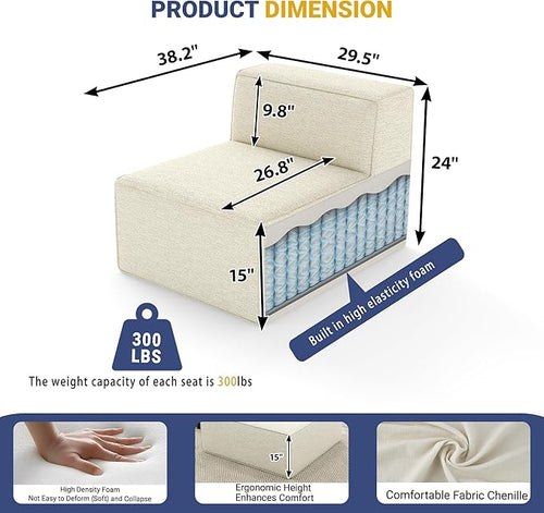 38“ Modular Sectional Sofa Convertible Cube Thick Couch Seat Set, Combine L-Shaped U-Shaped, Free Assembly, Space-Saving for Living Room, Fabric Chenille Beige White (Only Armless)