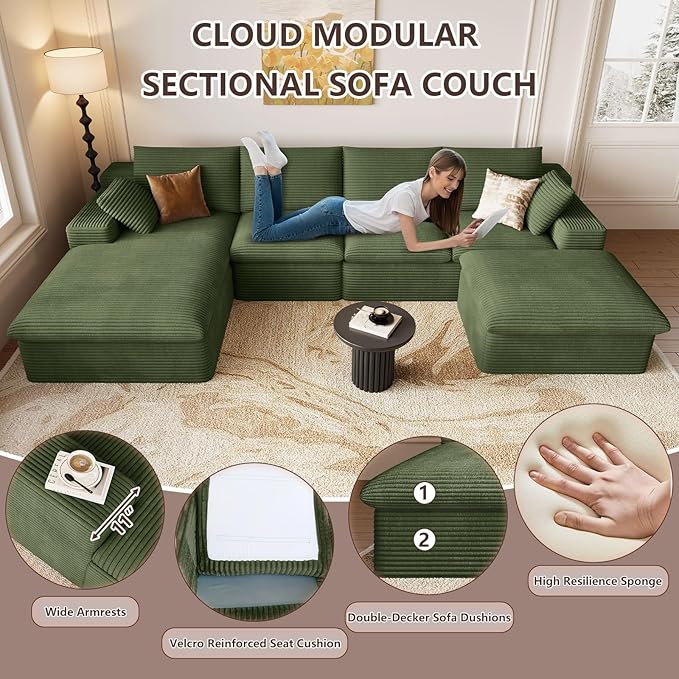 136" Cloud Modular Sectional Sofa with 1 Ottoman, Modern Upholstered Corduroy Couches, Comfort U Shaped Sofa for Living Room, Deep Seat Boneless Couch, No Assembly Required(Green,Left Facing Chaise)