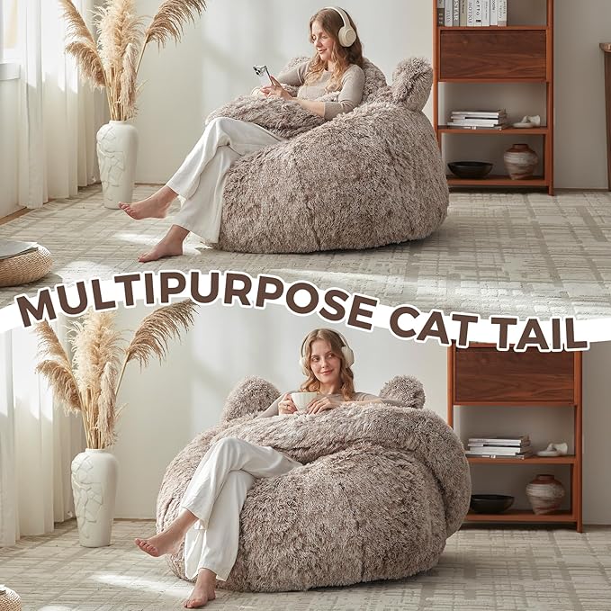 Bean Bag Chair for Adults Teen,Giant Bean Bag Chairs Cat Design,Plush Faux Fur Beanbag Couch Comfy Accent Floor Sofa for Reading, Playing, Relaxing in Living Room, Bedroom