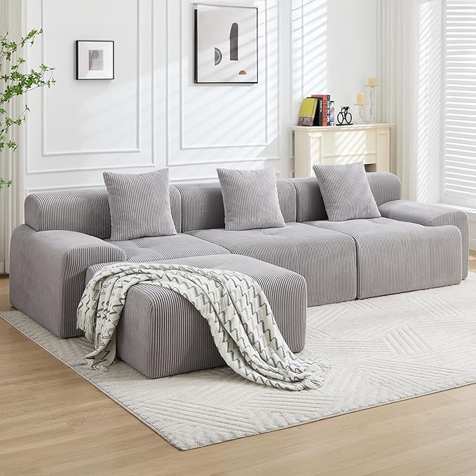 118" Boneless Couches for Living Room, Modular Cloud Sectional Couch with L-Shape Chaise, Modern Upholstered Sofa with Deep Seat, No Assembly Required, Plush Corduroy, Gray