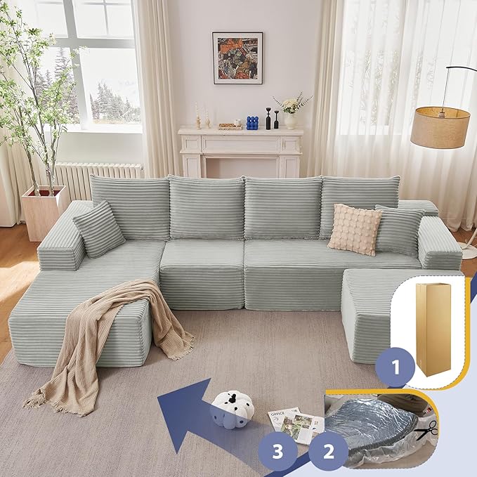 135.4" Cloud Sectional Couch with Ottoman,Modern U-Shaped Cloud Couch with Deep Seat,Comfy Corduroy 4-Seater Sofa,Memory Foam Sofa for Living Room,No Assembly (Gray,Left-Facing Chaise)