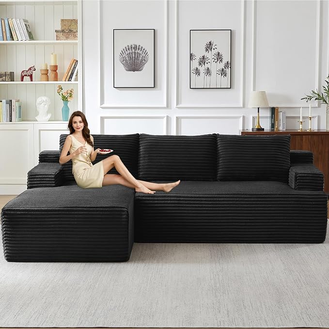 96.1" Modular Sectional Sofa Couches L-Shape Couch 3 Seat Modular Sofa Corduroy Memory Foam Sectional Boneless Couches for Living Room, Cloud Couch with Oversized Chaise(Black, Left Facing)