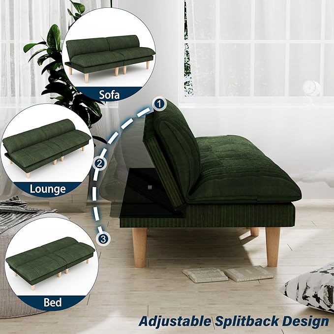 69" Futon Sofa Bed, 4 in 1 Multi-Function Couch Sleeper with Adjustable Backrest, Modern Convertible Futon, Recliner Small Loveseat for Living Room, Dorm, Plush Green