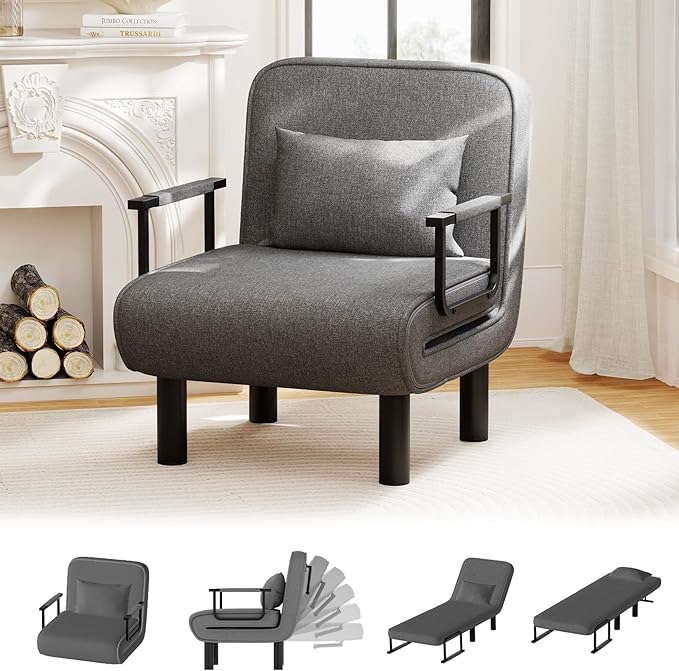 Furniliving 4 in 1 Folding Sofa Bed Chair, Convertible Sleeper Chair Bed with 6-Position Adjustable Backrest, Upholstered Chaise Lounge with Pillow, Accent Chairs for Bedroom, Linen, Darkgrey, 2