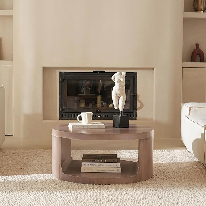 Veihaus Round Coffee Table with Storage, 31.5" Modern Living Room Table, 2 Tier Circle Wood Center Tables for Apartment, Living Room, Open-Style Storage Coffee Tables, 31.5"*15.7" (Dusty Pink)