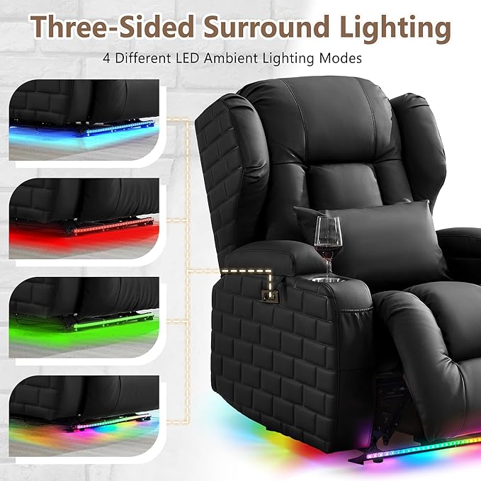 Wall Hugger Power Recliner Chair with Heat and Massage, Overstuffed Reclining Sofa Chair for Living Room Home Theater RV with 3-Side LED Lights/Cup Holders/USB & Type C Port (Black)