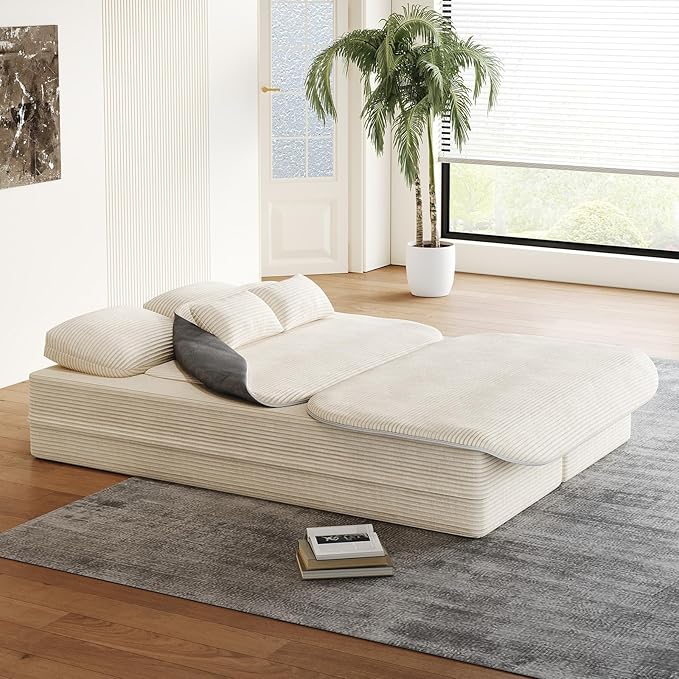 Antetek Convertible Sleeper Sofa, Modern Folding Futon Corduroy Floor Foam Compression Loveseat Sofa Bed Couch, Foldable Full Size Guest Bed with 4 Pillows for Living Room Bedroom Apartment, Beige