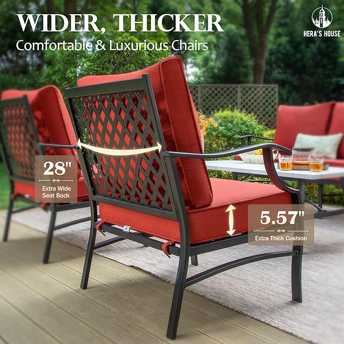 HERA'S HOUSE Outdoor Chairs Set of 2, 2 x Patio Chair with Red Cushions, All Weather Outdoor Furniture for Lawn Garden Backyard Deck(Leg Chairs)